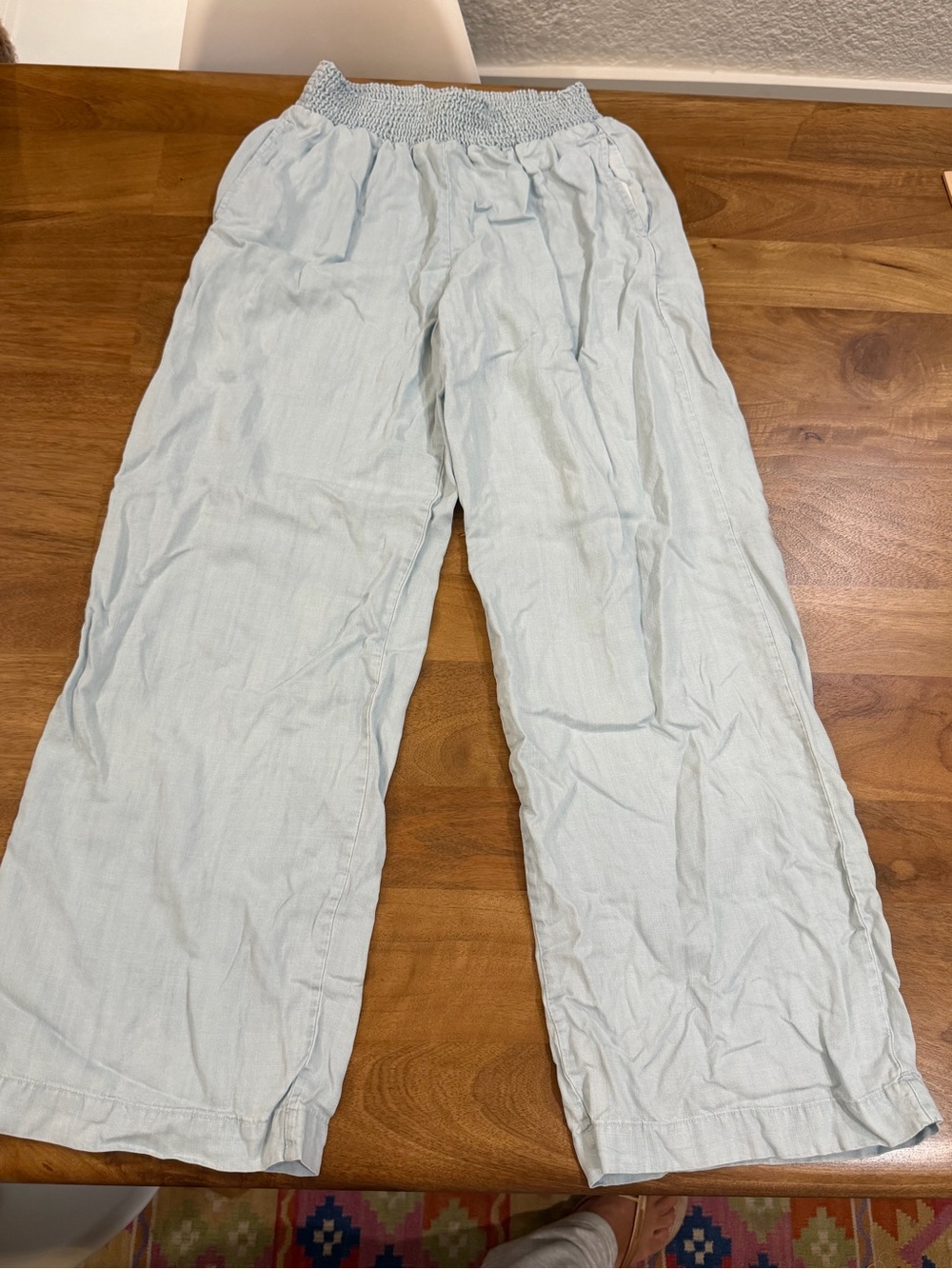 For The Republic Light Blue Chambray Straight-Leg Smocked Waist Pants
